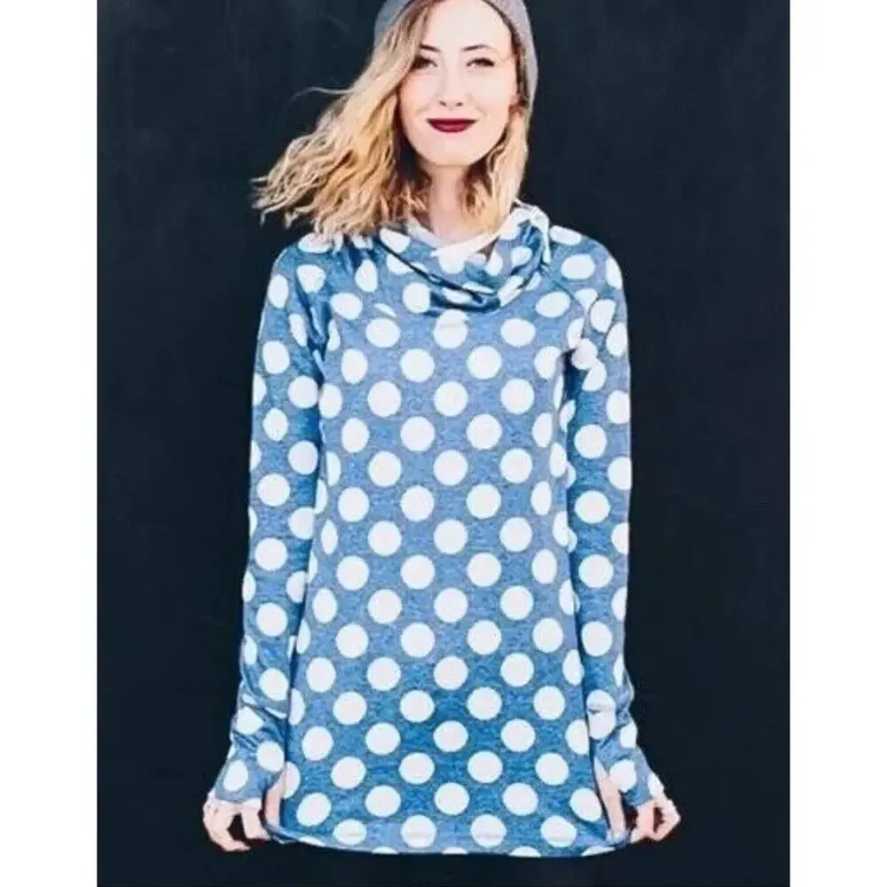 Betabrand Size M Cowl Neck Sweatshirt Tunic Blue White Polka Dot - Picture 2 of 10